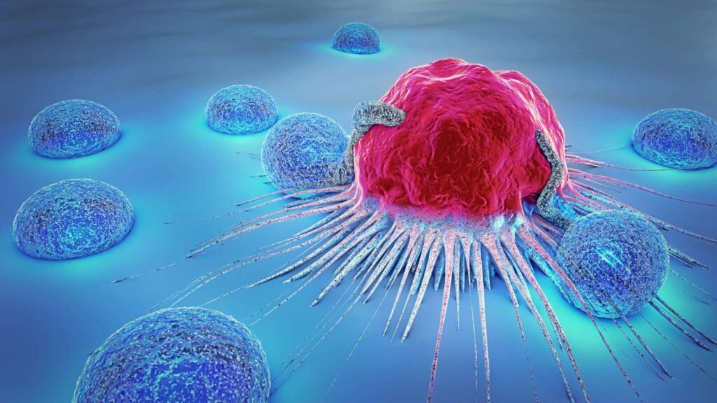 d illustration of a cancer cell and lymphocytes tumor